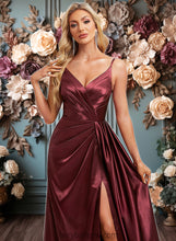 Load image into Gallery viewer, Sydnee A-line V-Neck Floor-Length Stretch Satin Bridesmaid Dress With Ruffle XXCP0025785