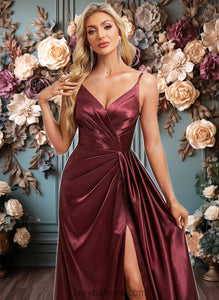 Sydnee A-line V-Neck Floor-Length Stretch Satin Bridesmaid Dress With Ruffle XXCP0025785