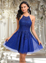 Load image into Gallery viewer, Sue A-line Scoop Short Tulle Lace Homecoming Dress With Sequins XXCP0025688