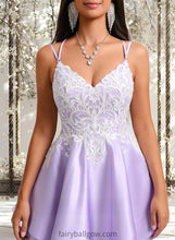 Load image into Gallery viewer, Nevaeh A-line V-Neck Short Satin Homecoming Dress With Appliques Lace XXCP0025696