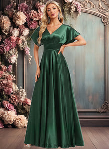 Kendra A-line V-Neck Floor-Length Stretch Satin Bridesmaid Dress XXCP0025782