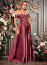 Load image into Gallery viewer, Jaidyn A-line Off the Shoulder Floor-Length Satin Lace Prom Dresses With Sequins XXCP0025841