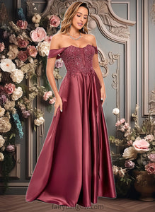 Jaidyn A-line Off the Shoulder Floor-Length Satin Lace Prom Dresses With Sequins XXCP0025841