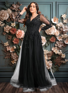 Laila A-line V-Neck Floor-Length Tulle Prom Dresses With Sequins Appliques Lace Beading XXCP0025834