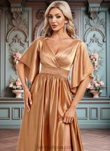 Load image into Gallery viewer, Natalya A-line V-Neck Floor-Length Stretch Satin Bridesmaid Dress XXCP0025793