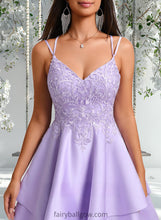 Load image into Gallery viewer, Addisyn A-line V-Neck Short Satin Homecoming Dress With Appliques Lace XXCP0025692