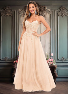 Mariela Ball-Gown/Princess V-Neck Floor-Length Tulle Prom Dresses With Sequins Appliques Lace XXCP0025837