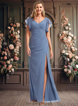 Load image into Gallery viewer, Kallie A-line V-Neck Floor-Length Chiffon Bridesmaid Dress With Ruffle XXCP0025729