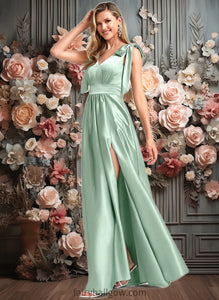 Dahlia A-line V-Neck Floor-Length Stretch Satin Bridesmaid Dress With Bow XXCP0025737