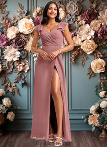 Abbey A-line V-Neck Floor-Length Chiffon Bridesmaid Dress With Ruffle XXCP0025751