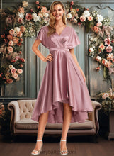 Load image into Gallery viewer, Sarah A-line V-Neck Asymmetrical Stretch Satin Bridesmaid Dress XXCP0025752