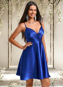 Seraphina A-line V-Neck Short Stretch Satin Homecoming Dress With Pleated XXCP0025705