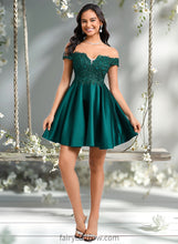 Load image into Gallery viewer, Mylee A-line Off the Shoulder Short Lace Satin Homecoming Dress With Rhinestone XXCP0025718