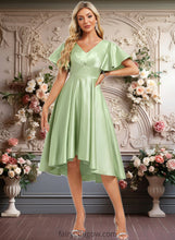 Load image into Gallery viewer, Chasity A-line V-Neck Asymmetrical Satin Bridesmaid Dress With Ruffle XXCP0025776