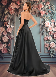 Maureen A-line V-Neck Sweep Train Satin Prom Dresses XXCP0025842