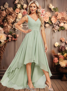 Nathalia A-line V-Neck Asymmetrical Chiffon Bridesmaid Dress XXCP0025809