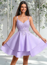 Load image into Gallery viewer, Addisyn A-line V-Neck Short Satin Homecoming Dress With Appliques Lace XXCP0025692