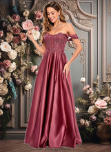 Load image into Gallery viewer, Jaidyn A-line Off the Shoulder Floor-Length Satin Lace Prom Dresses With Sequins XXCP0025841