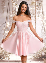 Load image into Gallery viewer, Sylvia A-line Off the Shoulder Short Satin Homecoming Dress With Rhinestone Beading Appliques Lace XXCP0025679