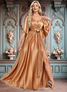 Natalya A-line V-Neck Floor-Length Stretch Satin Bridesmaid Dress XXCP0025793