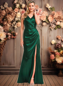 Melanie A-line V-Neck Floor-Length Stretch Satin Bridesmaid Dress XXCP0025746