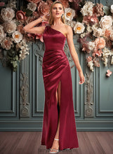 Load image into Gallery viewer, Jemima A-line One Shoulder Floor-Length Stretch Satin Bridesmaid Dress With Bow XXCP0025758