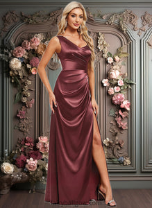 Joy A-line Asymmetrical Floor-Length Stretch Satin Bridesmaid Dress XXCP0025828