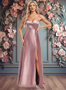 Aliza A-line V-Neck Floor-Length Stretch Satin Bridesmaid Dress XXCP0025822