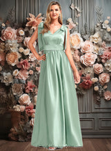 Load image into Gallery viewer, Dahlia A-line V-Neck Floor-Length Stretch Satin Bridesmaid Dress With Bow XXCP0025737