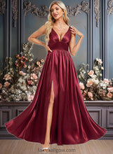 Load image into Gallery viewer, Quinn A-line V-Neck Floor-Length Stretch Satin Bridesmaid Dress XXCP0025771