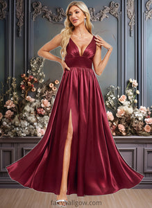 Quinn A-line V-Neck Floor-Length Stretch Satin Bridesmaid Dress XXCP0025771