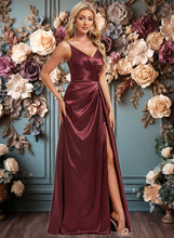 Load image into Gallery viewer, Sydnee A-line V-Neck Floor-Length Stretch Satin Bridesmaid Dress With Ruffle XXCP0025785