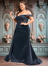 Load image into Gallery viewer, Lauryn Trumpet/Mermaid Off the Shoulder Sweep Train Satin Prom Dresses With Sequins Appliques Lace XXCP0025835