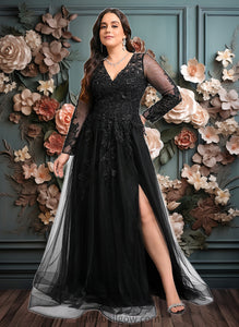 Laila A-line V-Neck Floor-Length Tulle Prom Dresses With Sequins Appliques Lace Beading XXCP0025834