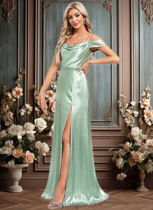 Addisyn A-line Cowl Cold Shoulder Floor-Length Stretch Satin Bridesmaid Dress With Bow Ruffle XXCP0025807