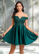 Load image into Gallery viewer, Mylee A-line Off the Shoulder Short Lace Satin Homecoming Dress With Rhinestone XXCP0025718