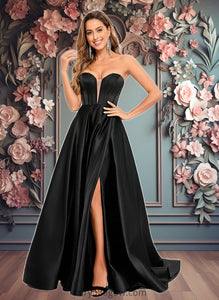 Maureen A-line V-Neck Sweep Train Satin Prom Dresses XXCP0025842