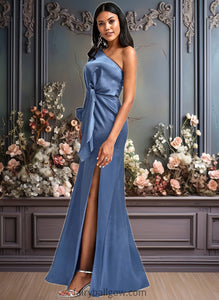 Jeanie A-line One Shoulder Floor-Length Stretch Satin Bridesmaid Dress With Bow XXCP0025730