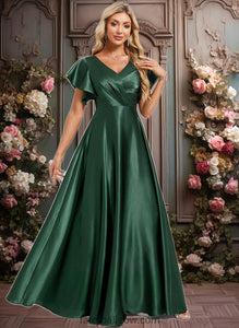 Abigayle A-line V-Neck Floor-Length Stretch Satin Bridesmaid Dress With Ruffle XXCP0025773