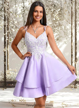 Load image into Gallery viewer, Nevaeh A-line V-Neck Short Satin Homecoming Dress With Appliques Lace XXCP0025696