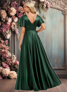 Kendra A-line V-Neck Floor-Length Stretch Satin Bridesmaid Dress XXCP0025782