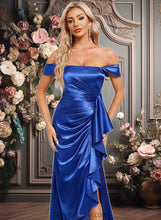 Load image into Gallery viewer, Melanie Trumpet/Mermaid Off the Shoulder Floor-Length Stretch Satin Bridesmaid Dress With Ruffle XXCP0025800