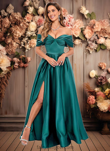 Kailey A-line Off the Shoulder Floor-Length Satin Prom Dresses With Pleated XXCP0025851