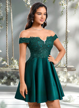 Load image into Gallery viewer, Mylee A-line Off the Shoulder Short Lace Satin Homecoming Dress With Rhinestone XXCP0025718