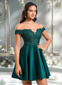 Mylee A-line Off the Shoulder Short Lace Satin Homecoming Dress With Rhinestone XXCP0025718