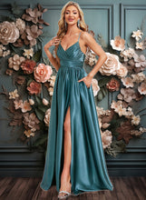 Load image into Gallery viewer, Araceli A-line V-Neck Floor-Length Stretch Satin Bridesmaid Dress XXCP0025786