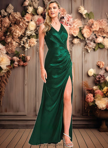 Melanie A-line V-Neck Floor-Length Stretch Satin Bridesmaid Dress XXCP0025746