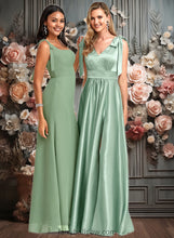 Load image into Gallery viewer, Dahlia A-line V-Neck Floor-Length Stretch Satin Bridesmaid Dress With Bow XXCP0025737