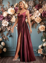 Load image into Gallery viewer, Sydnee A-line V-Neck Floor-Length Stretch Satin Bridesmaid Dress With Ruffle XXCP0025785