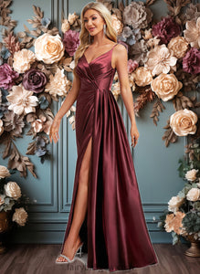 Sydnee A-line V-Neck Floor-Length Stretch Satin Bridesmaid Dress With Ruffle XXCP0025785